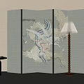 Decorative Room Divider Screen With Intricate Pattern Floor Lamp And Small Table With Cup 3d model