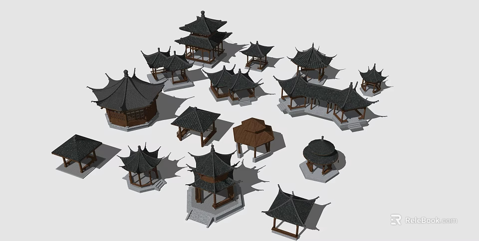 Chinese Traditional Pavilion Models With Various Classic Roof And Wooden Structures 3d model 