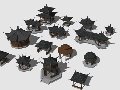 Chinese Traditional Pavilion Models With Various Classic Roof And Wooden Structures 3d model