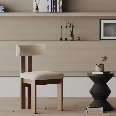 Beige Accent Chair With Wooden Frame In Modern Interior With Decorative Shelf And Side Table 3d model