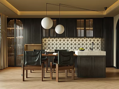 Modern Restaurant Interior With Dark Cabinets Geometric Tile Backsplash Round Pendant Lights And Wooden Flooring 3d model