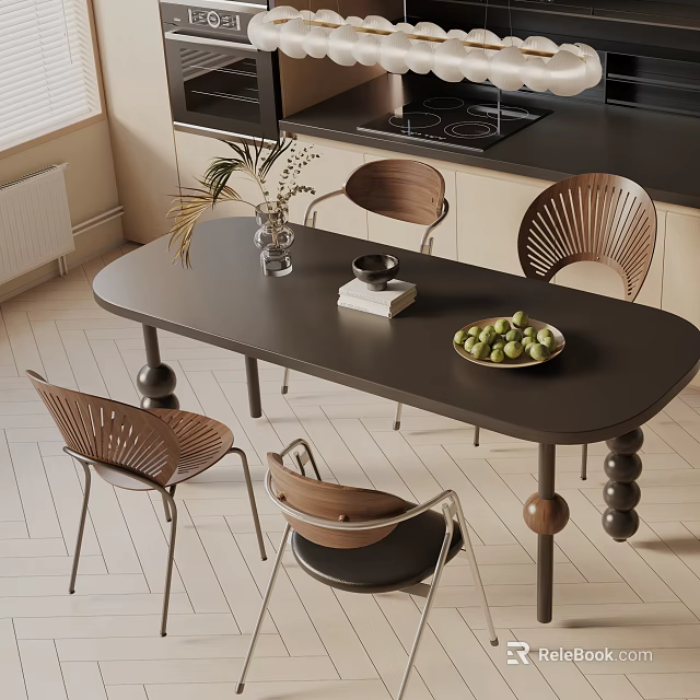 Modern Dining Table Set with Curved Wooden Chairs Green Fruits Bowl Plant Vase and Book 3d model 