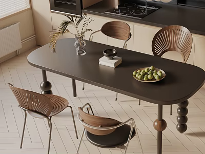 Modern Dining Table Set with Curved Wooden Chairs Green Fruits Bowl Plant Vase and Book 3d model
