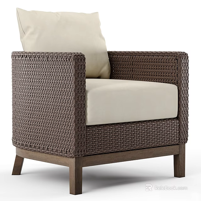 Brown Woven Rattan Leisure Chair With Beige Cushion Backrest And Wooden Legs Modern Design 3d model 