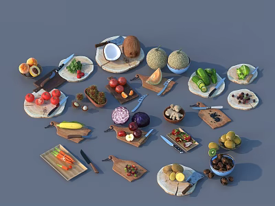 Assorted Fresh Fruits Arranged On Plates With Cutting Boards And Kitchen Utensils 3d model