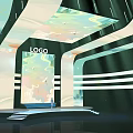 Stage With LOGO Landscape Projection Person Curved Structures And Lighting
