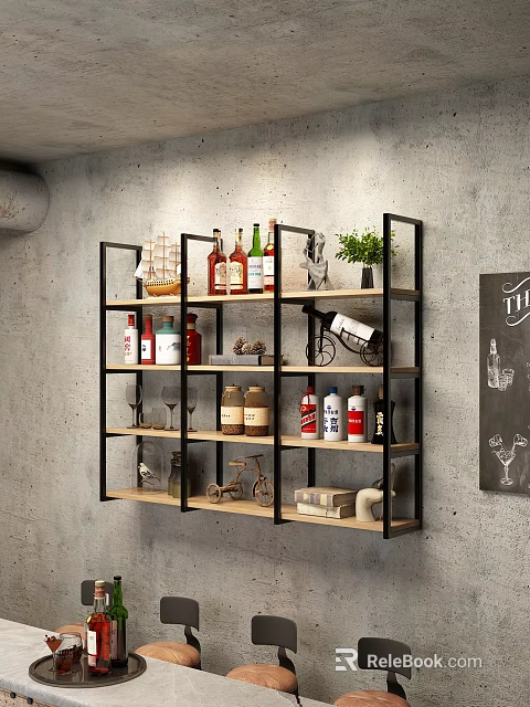 Bar Interior Design With Wall Mounted Shelf Wine Bottles Glasses And Decorations 3d model 