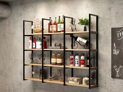 Bar Interior Design With Wall Mounted Shelf Wine Bottles Glasses And Decorations 3d model