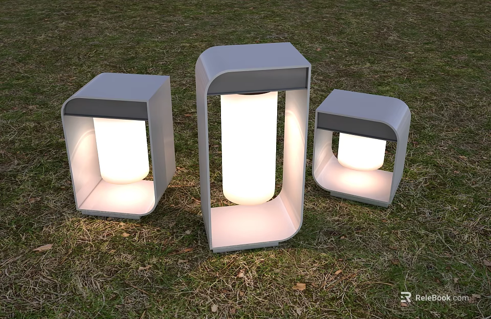 Three Outdoor Lights on Grass with Modern Square Rectangular Design and Bright Illumination 3d model 