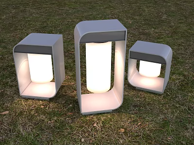 Three Outdoor Lights on Grass with Modern Square Rectangular Design and Bright Illumination 3d model