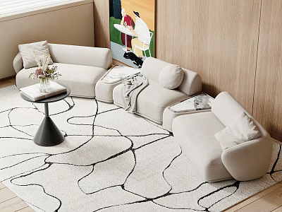 Beige Double Sofa In Living Room With Black Line Pattern Rug And Side Coffee Table 3d model