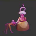 Small Character With Cane Bowing To Large Figure In Yellow Dress And White Hat