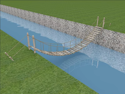 Wooden Suspension Bridge Over Water Channel With Green Grass And Rope Railings 3d model