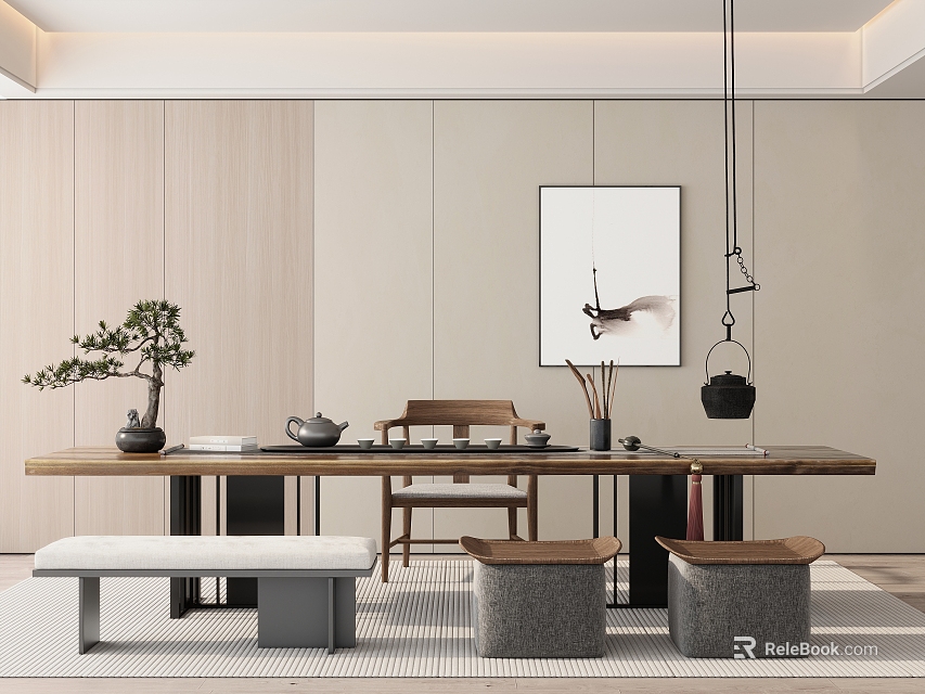 Natural Wooden Tea Table And Chairs With Accompanying Plant Wall Painting And Tea Set 3d model 