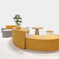 Modern Curved Yellow Sofa With Round Coffee Table And Small Stools Indoor Living Room Furniture