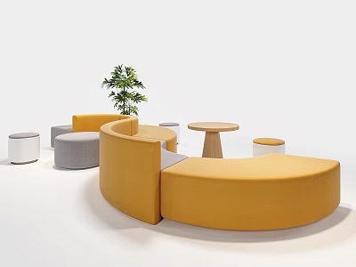 Modern Curved Yellow Sofa With Round Coffee Table And Small Stools Indoor Living Room Furniture 3d model