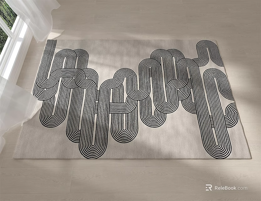 Square Modern Rug With Gray Background And Black Abstract Geometric Lines 3d model