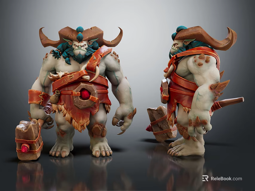 Horned Muscular Mythical Game Movie Character With Orange Armor Axe Clawed Feet And Red Gem 3d model 