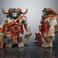 Horned Muscular Mythical Game Movie Character With Orange Armor Axe Clawed Feet And Red Gem