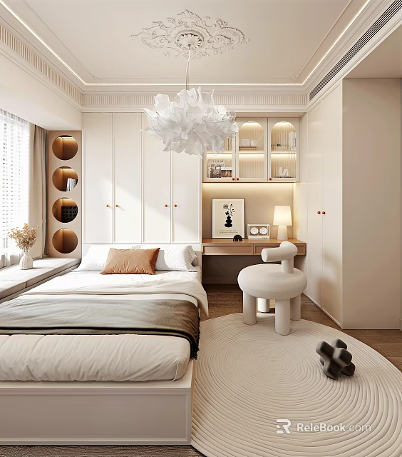 Modern Tatami Bedroom Interior with White Cabinets Circular Shelves Chandelier and Sculptural Chair Desk 3d model 