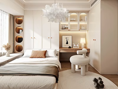Modern Tatami Bedroom Interior with White Cabinets Circular Shelves Chandelier and Sculptural Chair Desk 3d model