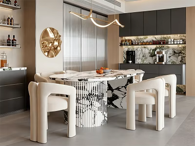 Modern Open Concept Restaurant Interior With Marble Dining Table Hanging Lights And Wine Racks 3d model