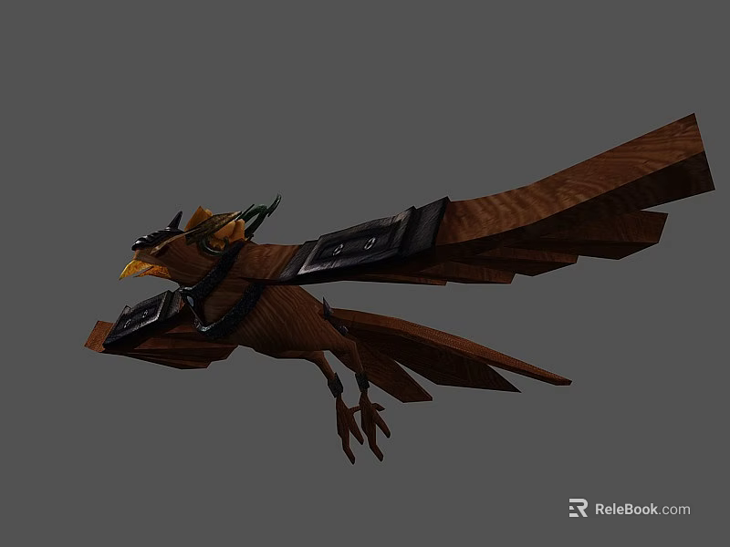 Wooden Flying Bird Wearing Helmet and Black Devices on Its Wings 3d model 