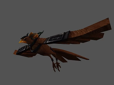 Wooden Flying Bird Wearing Helmet and Black Devices on Its Wings 3d model
