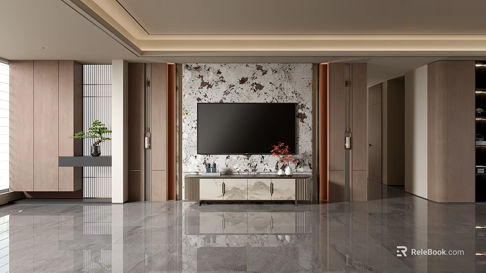 Modern TV Wall Interior Design With Marble Texture Decorative Cabinet And Potted Plant 3d model 