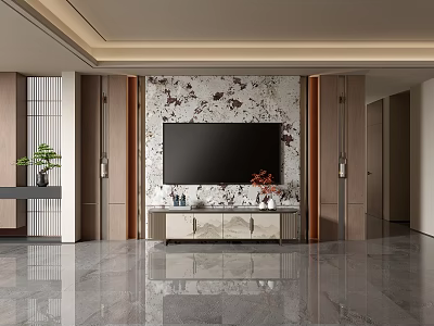 Modern TV Wall Interior Design With Marble Texture Decorative Cabinet And Potted Plant 3d model