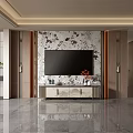 Modern TV Wall Interior Design With Marble Texture Decorative Cabinet And Potted Plant