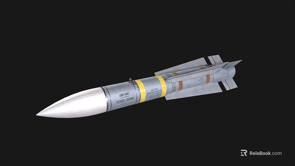 Military Missile Weapon With Silver Body Yellow Bands And Rear Fins Structure 3d model 