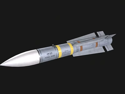 Military Missile Weapon With Silver Body Yellow Bands And Rear Fins Structure 3d model