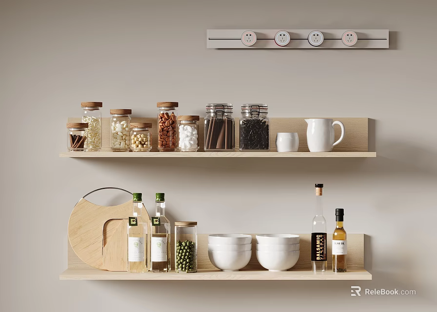 Kitchen Decorative Ornament Combination With Wooden Shelves Glass Jars Ceramic Bowls And White Mug 3d model 