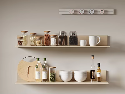 Kitchen Decorative Ornament Combination With Wooden Shelves Glass Jars Ceramic Bowls And White Mug 3d model
