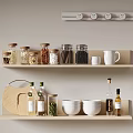Kitchen Decorative Ornament Combination With Wooden Shelves Glass Jars Ceramic Bowls And White Mug