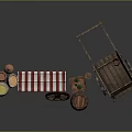 Vintage Wooden Stall With Red White Striped Awning Barrel Cart And Fruits