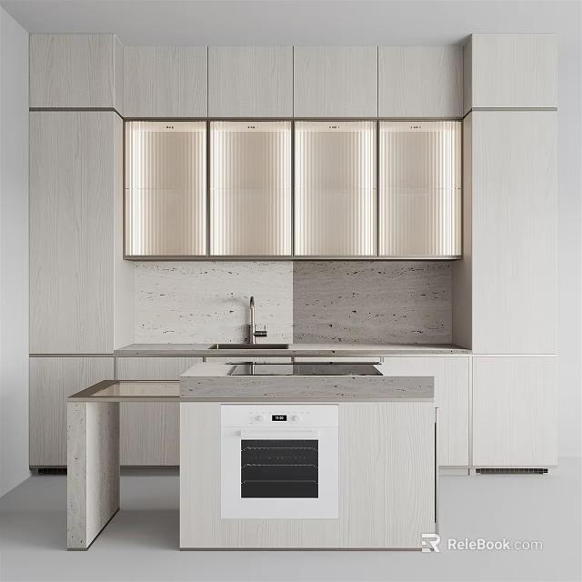 Modern Minimalist Kitchen Interior With Light Wood Cabinets Glass Front Doors And Stone Island 3d model 