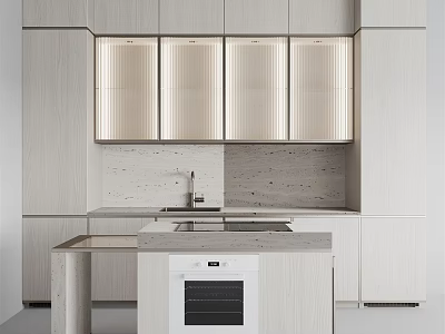 Modern Minimalist Kitchen Interior With Light Wood Cabinets Glass Front Doors And Stone Island 3d model