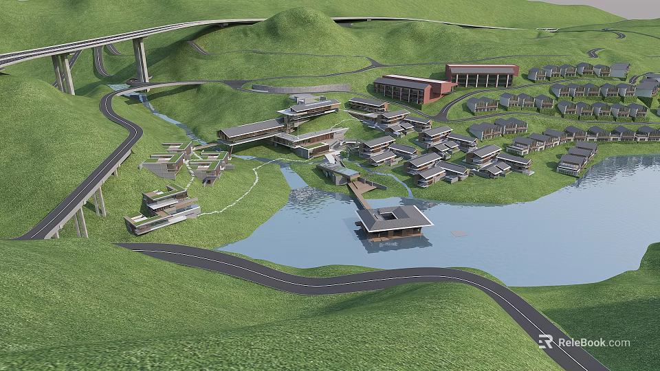 Hotel Building Surrounded By Green Hills And Waterfront Scenic Landscape With Curved Roads 3d model 
