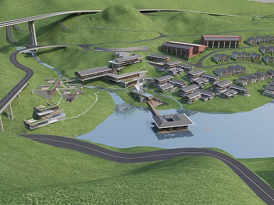 Hotel Building Surrounded By Green Hills And Waterfront Scenic Landscape With Curved Roads 3d model