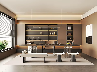 Modern Tea Room Interior Design With Wooden Shelves Bench Round Stools and Window Blinds 3d model
