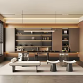 Modern Tea Room Interior Design With Wooden Shelves Bench Round Stools and Window Blinds