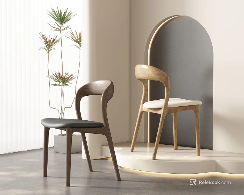 Modern Dining Chairs With Wooden Frames Dark Light Black White Cushions and Plant 3d model 