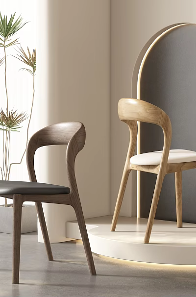 Modern Dining Chairs With Wooden Frames Dark Light Black White Cushions and Plant 3d model