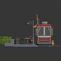 Red Pizza Truck With Striped Awning And Outdoor Dining Tables Near Green Bushes