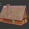 Traditional Rustic Wooden House With Thatch Roof Brick Chimney And Small Windows