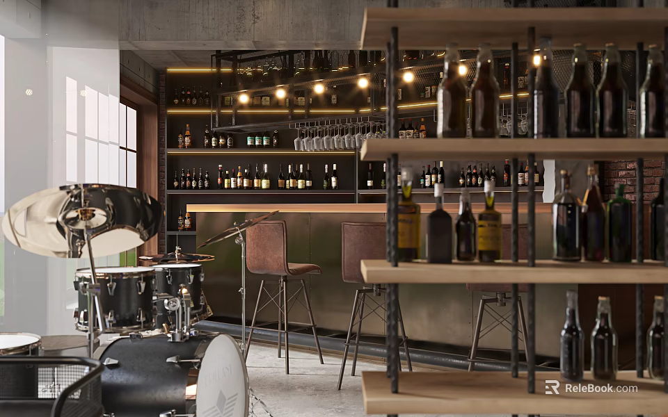 Industrial Bar Space With Drum Set Shelves Of Bottles Hanging Lights And Leather Stools 3d model 