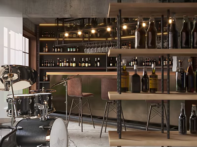 Industrial Bar Space With Drum Set Shelves Of Bottles Hanging Lights And Leather Stools 3d model
