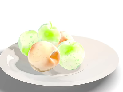 Fresh Green And Light Pink Apples On White Plate With Shiny Appearance 3d model